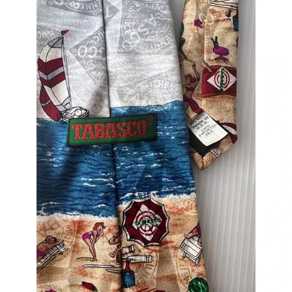 Tabasco Mens Silk Tie Beach Scene Sailboat Novelty Necktie Blue Grey Made in USA